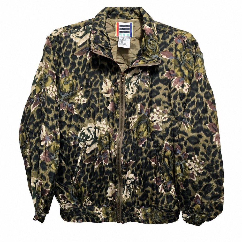 Vintage‎ EVR Silk Bomber Jacket Women's Petite Small PS/PP Leopard Floral Print